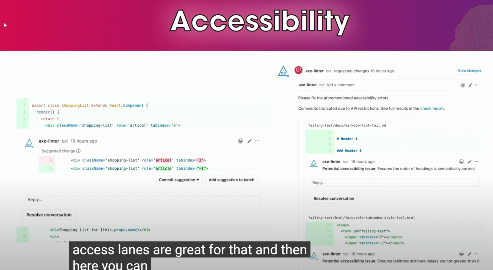 Screen slide showing pull request and comments made by axe-linter that catched accessibility errors